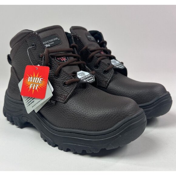 Skechers Work Steel Toe Boot Mens Wide Fit Brown Leather Safety Slip Resistant - Picture 3 of 13